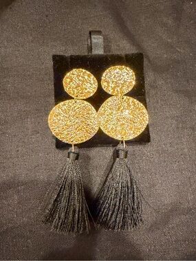 Gorjana Gold Tone Hammered Disc Black Tassel Drop Dangle Earrings Statement